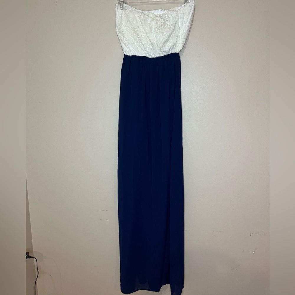 Love by Chelsey Navy Blue Sheer Mesh Open Back Strapless Maxi Dress- Small